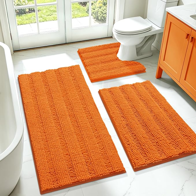 ACCUMTEK Striped Orange Bathroom Rug Set 3 Pieces Ultra Soft, Non Slip Chenille Toilet Mat, Absorbent Plush Shaggy Bath Mats for Bathroom, Bedroom, Kitchen