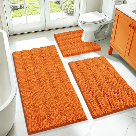 ACCUMTEK Striped Orange Bathroom Rug Set 3 Pieces Ultra Soft, Non Slip Chenille Toilet Mat, Absorbent Plush Shaggy Bath Mats for Bathroom, Bedroom, Kitchen