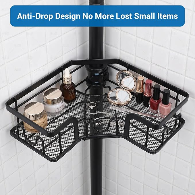 4-Tier Corner Shower Caddy Tension Pole, Floor to Celing Shower Corner Shelf Organizer with Soap Hold No-Drill 23.6-114.5 Inch