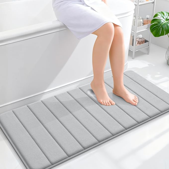 OLANLY Memory Foam Long Bathroom Rugs Runner 44x20, Super Soft Absorbent | Light Gray, Quick Dry Bath Mat, Machine Washable Shower Floor Rugs, Bathmat Carpet for Bathroom Floor, Tub and Shower
