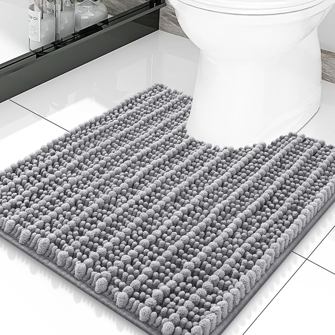 Smiry Bathroom Toilet Rugs U Shaped 20X20, Chenille Bath mats for Toilet | Grey Extra Soft Absorbent Non Slip Rubber Backing Contour Bath Rugs for Toilet, Machine Washable Contoured Bath Mats