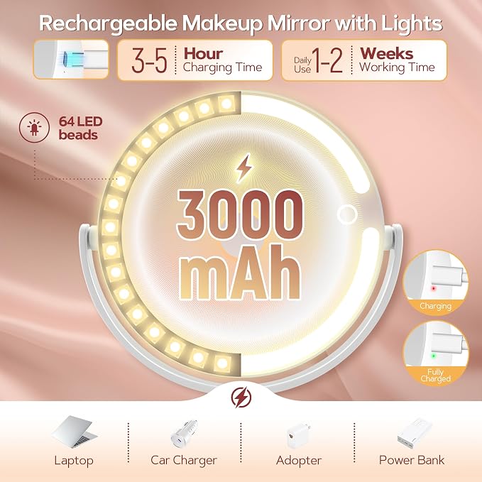 B Beauty Planet Vanity Mirror with Lights, 30X Magnifying Makeup Mirror, 3 Lighting and Adjustable Brightness, Rechargeable 2-Sided Height Adjustable Desk Mirror for Bedroom, Gifts for Women Black