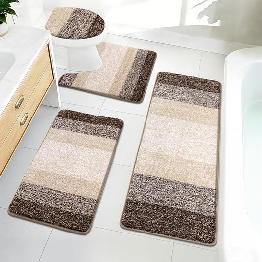 Bsmathom Bathroom Rug Set 4 Piece, Plush Microfiber Bath Mat, Dark Coffe | Extra Water Absorbent, Non Slip Washable Runner Bath Rugs with Toilet Lid Cover and U-shaped Contour Toilet Mat