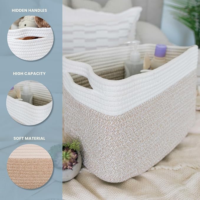 Light Honey Cotton Rope Baskets for Shelves, Set of 3 - 15"×10"×9½" - Woven Storage Baskets for Organizing - Closet, Nursery, Bedroom, Playroom - Toys, Books, Towels, Clothes