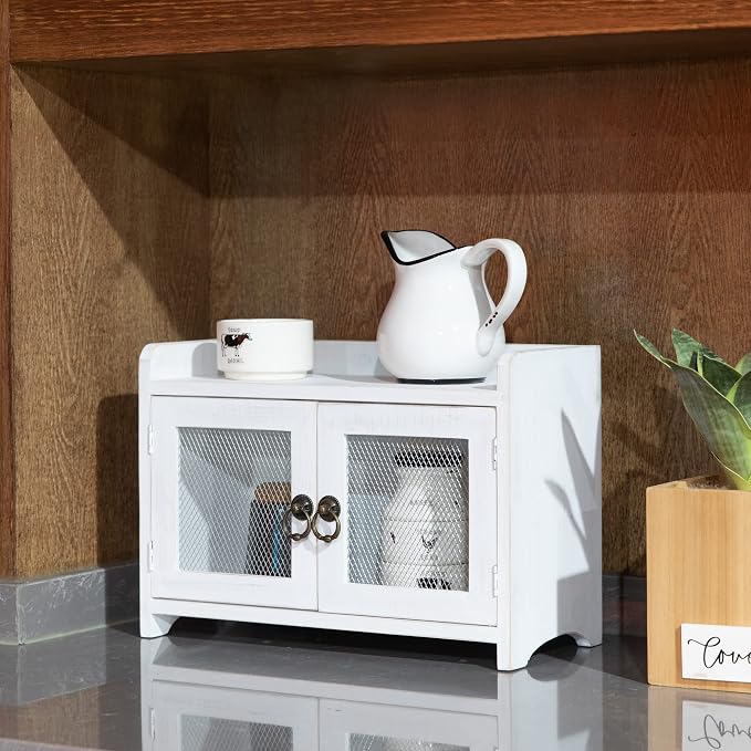 COLLECTIVE HOME - Storage Cabinet, Mini Countertop Cabinet, Wood Organizer for Kitchen Living Room Bedroom Bathroom Office with Magnetic Door, 14.5 x 6.5 x 10 (White, Wire Netting)