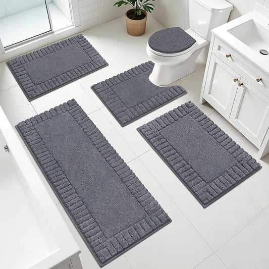 Pauwer Bathroom Rugs Set 5 Piece, Microfiber Bath Mat Set, Dark Grey | Non Slip Washable Bath Mat with U Shaped Toilet Rug, Plush Absorbent Shower Rug, Toilet Lid Cover, Quick Dry Floor Carpet