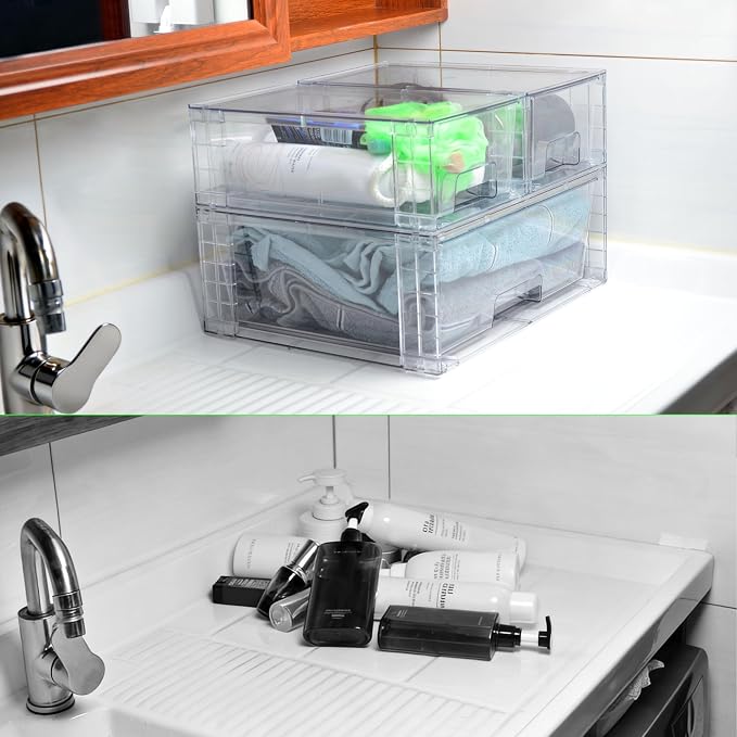 Stackable Storage Drawers(5 Pack),High-strength Clear Plastic Multi-purpose Organizer Bins with Handles, Easily Assemble Acrylic Drawers for Bathroom Closet Cabinet Pantry Under Sink