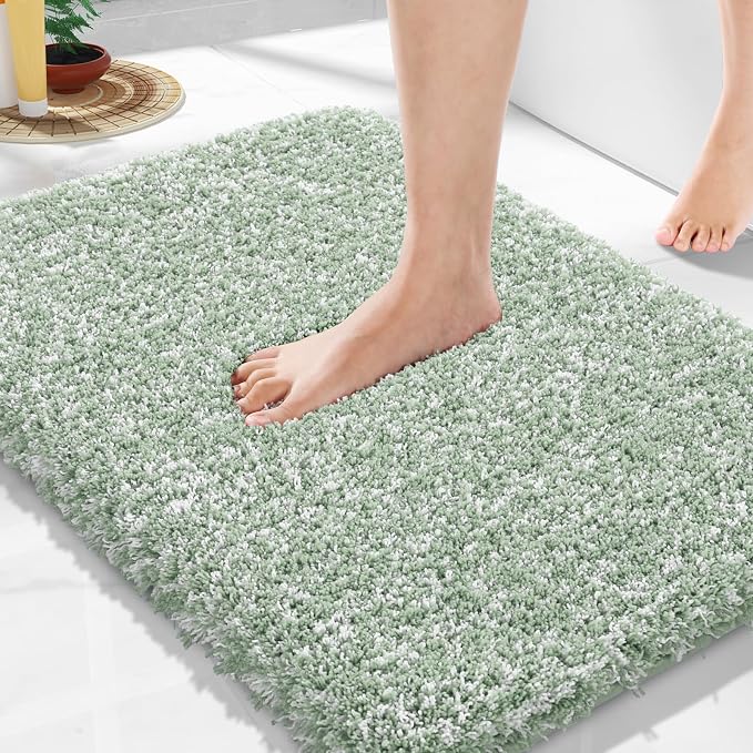 Yimobra Bathroom Rugs for Home Essentials, Non Slip Washable Bath Mat, Soft Water Absorbent Plush Shower Rug for Bathroom Floor, Bath Decor Accessories, 24X17, Light Green White