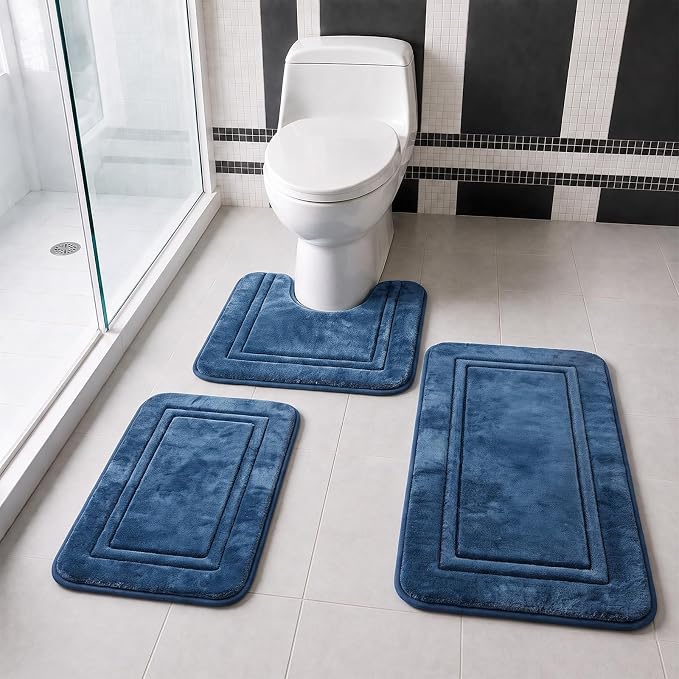 Bathroom Rugs Set 3 Piece Memory Foam, Bordered Toilet Rug, Dusty Blue | Coastal & Farmhouse Decor — Soft Dusty Blue bath mats, absorbent and washable, with a U-shaped toilet mat.