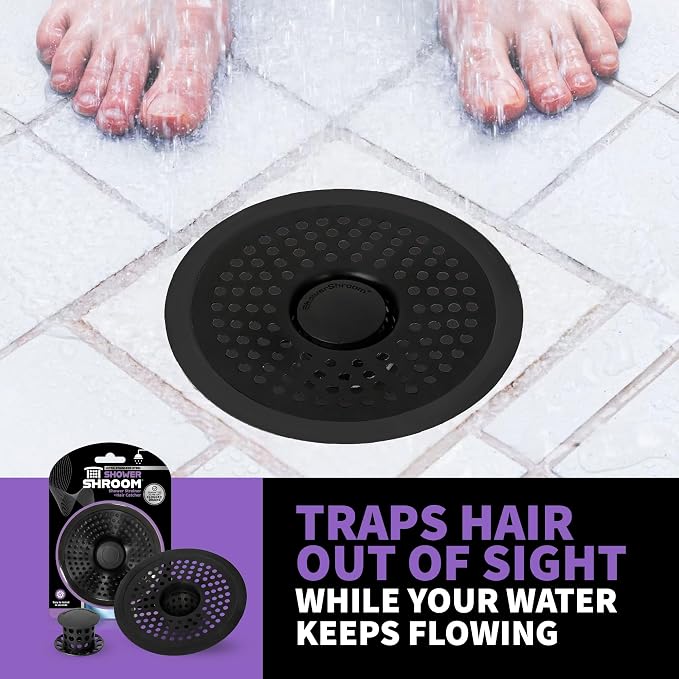 ShowerShroom Ultra Matte Black Hair Catcher, Stainless Steel Drain Protector, Fits All Shower Drains