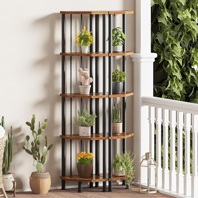 HOOBRO 5-Tier Corner Shelf Stand, Industrial 58.3" Corner Shelf, Corner Bookshelf Storage Stand, Tall Display Shelf Plant Stand for Small Space, Bathroom, Living Room Decor, Rustic Brown BF93CJ01