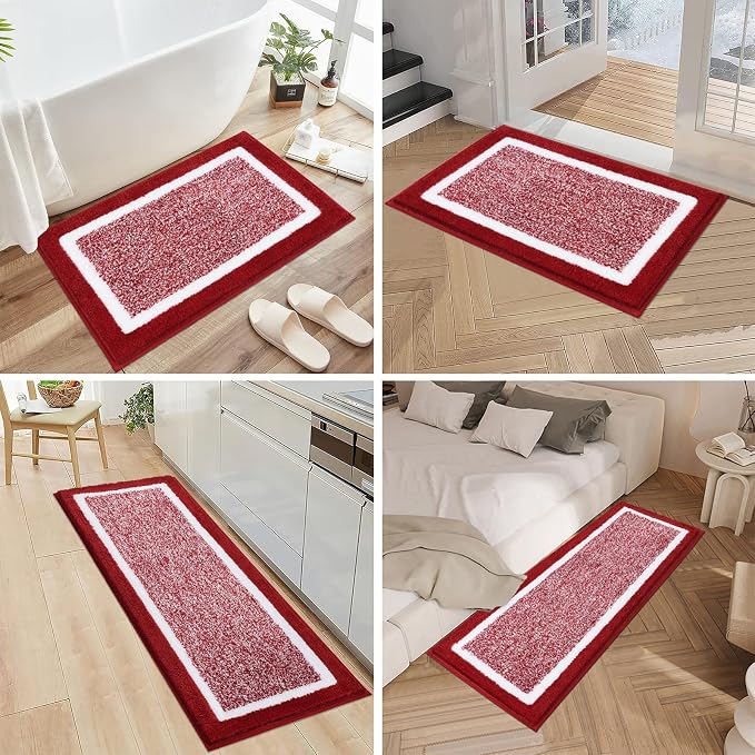 Pauwer Bathroom Rug Sets 3 Piece, Non Slip Washable Bath Mat, Red | Soft Plush Microfiber, Super Absorbent Floor Carpet, U Shaped Toilet Mats, Quick Dry, Shaggy Shower Rugs Runners