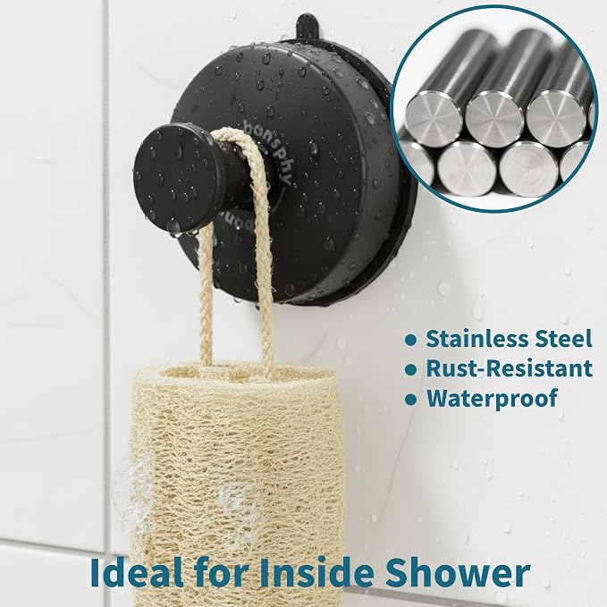 Suction Cup Hooks for Shower Heavy Duty, Black Towel Hangers for Bathrooms/Shower/Door/Glass Window/Tile, Hooks for Walls No Damage Hanging Robe Bath/Loofah/Coat/Wreath - Removable, 2 Pack