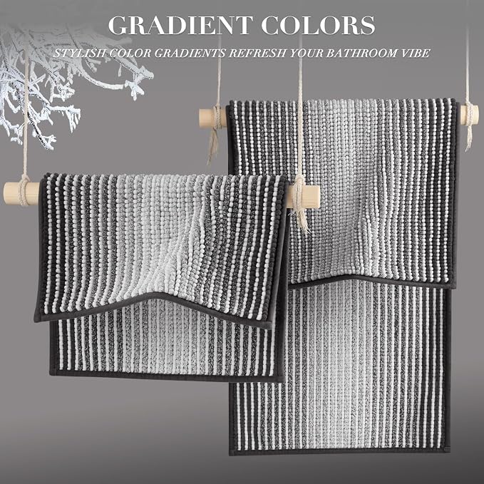 Bathroom Rugs Sets 2 Piece, Non Slip Striped Bath Mats, Gray | 20"x47" Plus 16"x24", Soft Absorbent Chenille, Quick Dry Machine Washable, Shower Rug for Bathroom Floor, Tub, Bedroom Decor