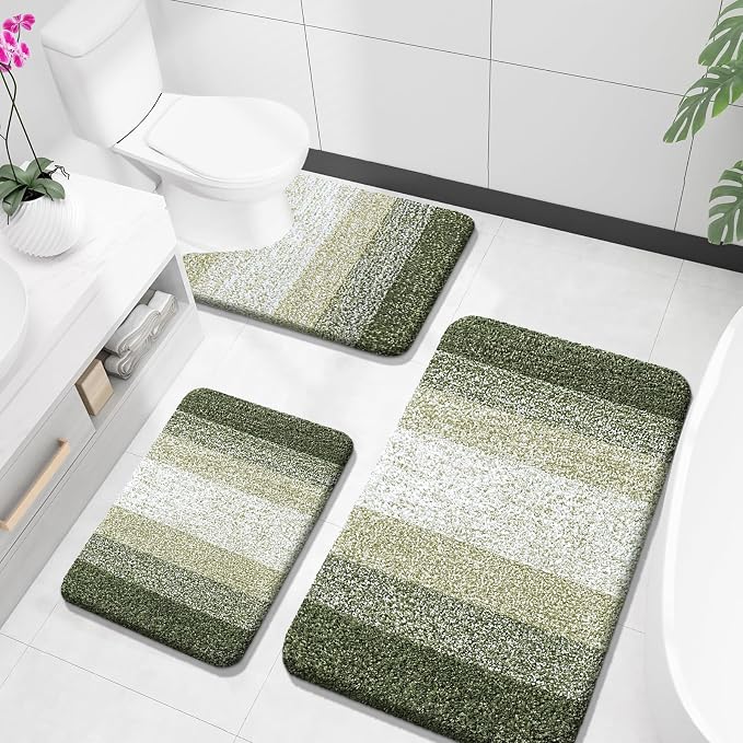 OLANLY Microfiber Bathroom Rugs Sets 3 Piece, 36"x24"+24"x16"+24"x20" | Dark Green, Soft Absorbent Bath Mats and U-Shaped Contour Toilet Rug, Plush Shaggy Bath Mat Set for Bathroom