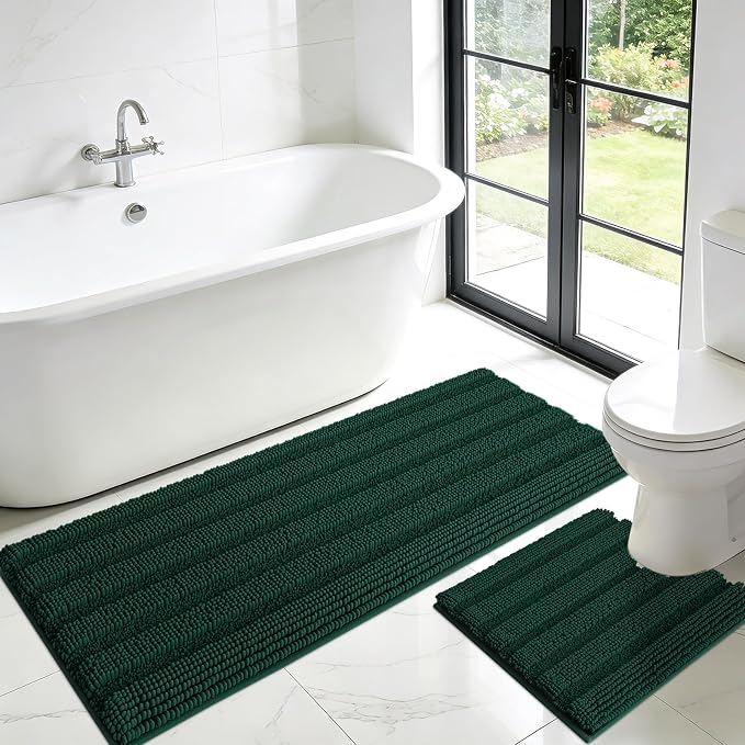 ACCUMTEK Christmas Striped Deep Green Toilet Bathroom Rug Mat Set 2 piece Rug Ultra Soft, Non Slip Chenille Bath Rugs, Absorbent Plush Shaggy Bath Mats for Bathroom, Bedroom, Kitchen, Shower, Tub