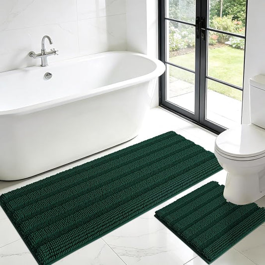 ACCUMTEK Christmas Striped Deep Green Toilet Bathroom Rug Mat Set 2 piece Rug Ultra Soft, Non Slip Chenille Bath Rugs, Absorbent Plush Shaggy Bath Mats for Bathroom, Bedroom, Kitchen, Shower, Tub