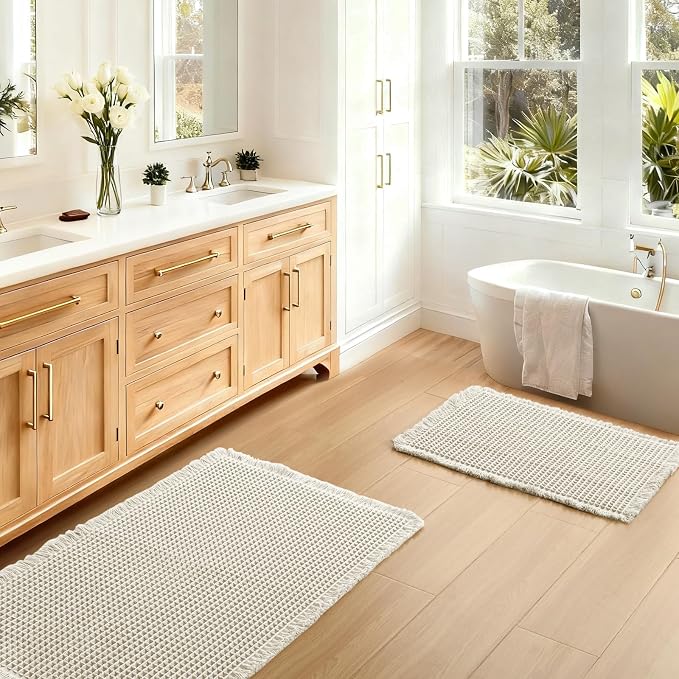 JIUZHEN Set of 2 Waffle Bath Mats Boho Bath Rugs 16"x24"+20"x32", Ivory | Non Slip, Super Absorbent, Washable, Ultra Soft, Fast Drying Waffle Bathroom Rugs for Bathroom Floor, Tub, Shower