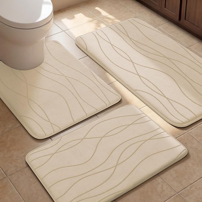 Bathroom Rugs Set 3 Piece, Memory Foam Bath Mat Khaki | Ultra Soft, Absorbent, Non-Slip, Machine Washable, for Bathroom, Sink and Toilet