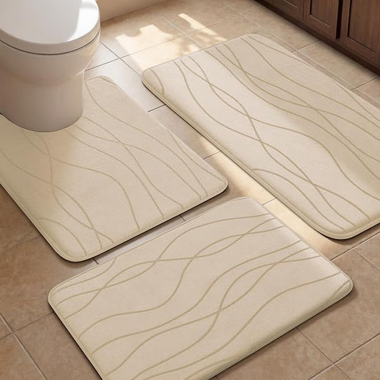 Bathroom Rugs Set 3 Piece, Memory Foam Bath Mat Khaki | Ultra Soft, Absorbent, Non-Slip, Machine Washable, for Bathroom, Sink and Toilet