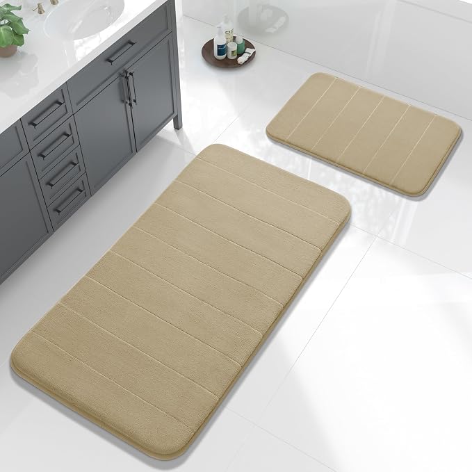 Yimobra Large Bath Mat Set 2 Piece- Super Soft Absorbent Quick Dry Memory Foam Bathroom Rugs, Machine Washable Non Slip Floor Carpet for Tub Shower & Double Vanity (17x24 & 44x24, Pale Khaki)