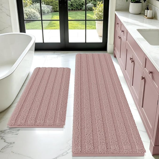 ACCUMTEK Striped Dusty Pink Bathroom Rug Mat Set 2 piece 32"x20"+60"x20" Ultra Soft, Non Slip Chenille Bath Rugs, Absorbent Plush Shaggy Bath Mats for Bathroom, Bedroom, Kitchen, Shower, Tub