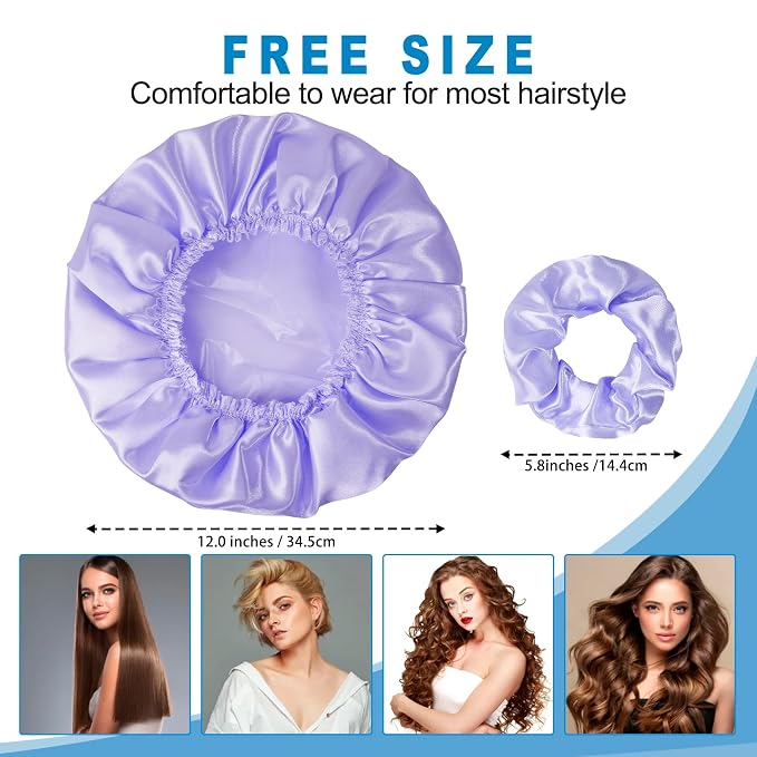 Shower Cap for Women Set of 4, Reusable Bath Caps + 2 Satin Hair Scrunchies | Double Layers, Waterproof Hair Caps, for Bath Accessories, Spa, Travel Home - Pattern C