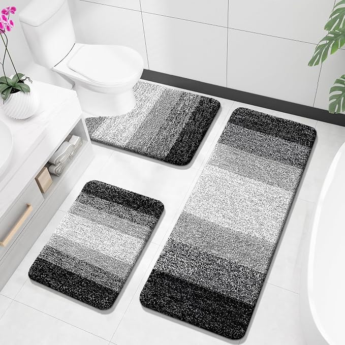 OLANLY Microfiber Bathroom Rugs Sets 3 Piece, 47"x20"+24"x16"+24"x20" | Black, Soft Absorbent Bath Mats and U-Shaped Contour Toilet Rug, Plush Shaggy Bath Mat Set for Bathroom