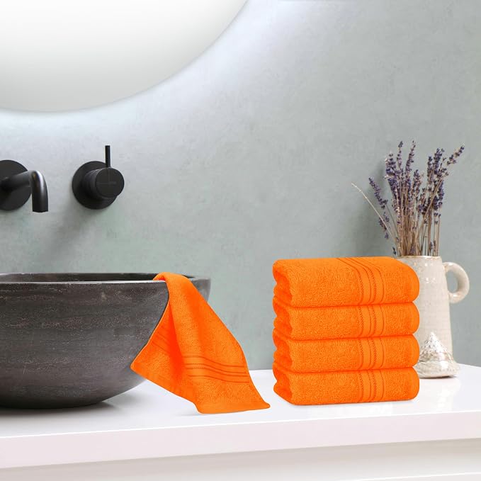 BOUTIQUO Ultra Soft Cotton Washcloths, Contains 12 Piece Face Cloths 12x12 inch, Ideal for Everyday use Face Towels, Compact & Lightweight Multi Purpose Washcloths - Orange