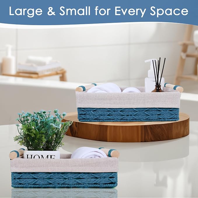 Wicker Storage Basket with Wooden Handle 2 Pack–Paper Rope Decorative Toilet Paper Baskets & Bathroom Organizer for Toilet Tank Top, Shelves, Bedroom, Countertop,Home,Office Storage Bins,Dusty Blue
