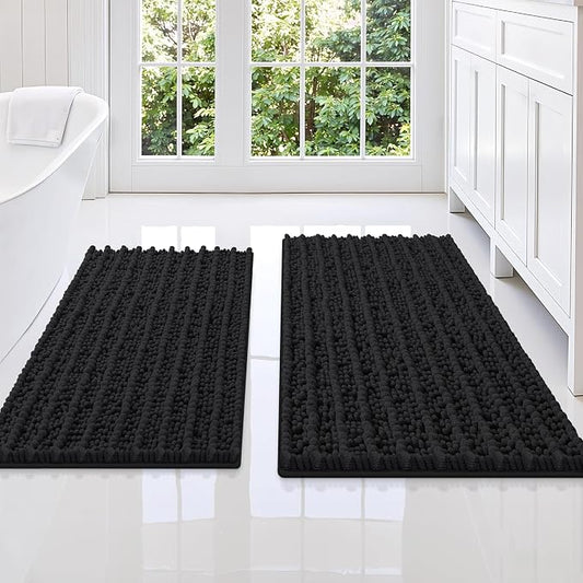 Smiry Bathroom Rugs Sets 2 Piece (34x21+30x20), Extra Soft Bath Mats | Black Soft Absorbent, Rubber Backing Machine Washable Quick Dry Chenille Bath Rug Set for Tub, Shower, and Floor