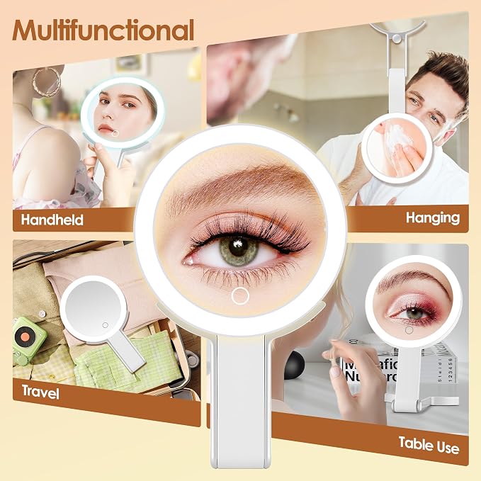 MIYADIVA Travel Makeup Mirror with Lights, Height Adjustable 30X/1X Double-Sided Magnifying Mirror, Portable Vanity Mirror with Phone Holder, Handheld Tabletop Hanging, White