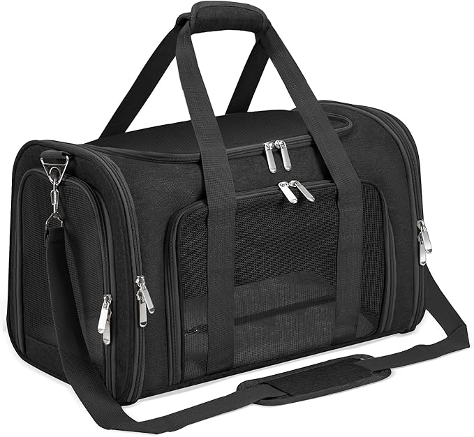 Soft-Sided Cat/Dog/Pet Carrier, Collapsible Pets Travel Carriers | for Big Cats/Small Dogs with Shoulder Strap & Removable Mat, Mesh Puppy Carry Bag, Up to 16 Lbs, TSA Airline Approved(Black)