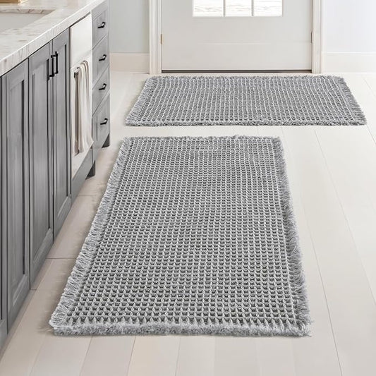 MIULEE Set of 2 Waffle Bathroom Rugs Boho Bath Mat Light Grey 24x36 Inch | Non Slip, Super Absorbent, Washable, Ultra Soft, Rubber Backed, Large Bath Rugs for Bathroom Floor Tub Shower