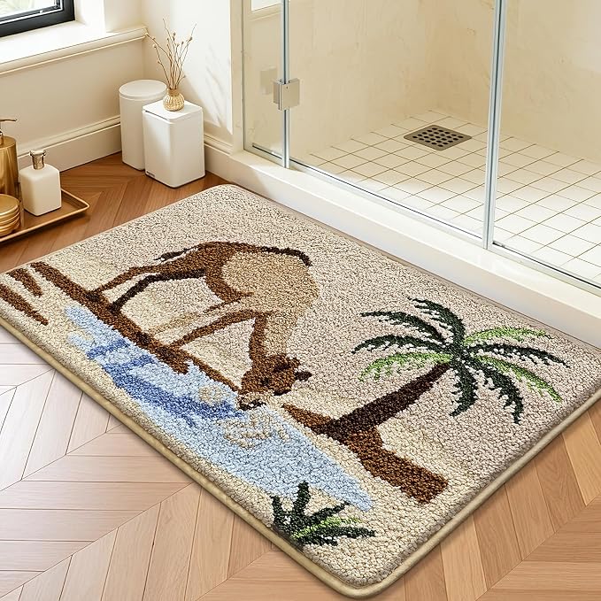 Bathroom Rug Mat, Desert Oasis Sunset Fluffy Rug with Camel & Palm Tree, Ultra Absorbent Microfiber Shaggy Door Mat, Quick Dry Bath Rug Carpet for Toilet Bathtub Bedroom 20x31 Inch