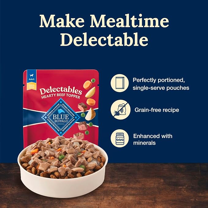 Blue Buffalo Delectables Beef Grain-Free Dog Food Topper, 3 oz, 24 ct | Grain-Free, Real Beef Cuts in Gravy, Single-Serve Pouches, No Chicken By-Product, Corn, Wheat, or Soy