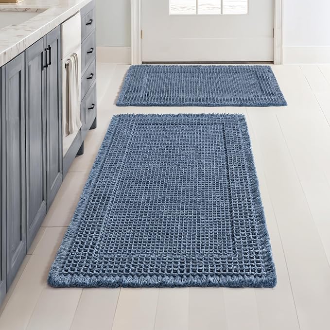 MIULEE Set of 2 Waffle Bathroom Rugs Bordered Bath Mat Blue 17"x24"+18"x30" | Non Slip, Super Absorbent, Washable, Ultra Soft, Rubber Backed Bath Rugs for Bathroom Floor Tub and Shower, Boho Decor