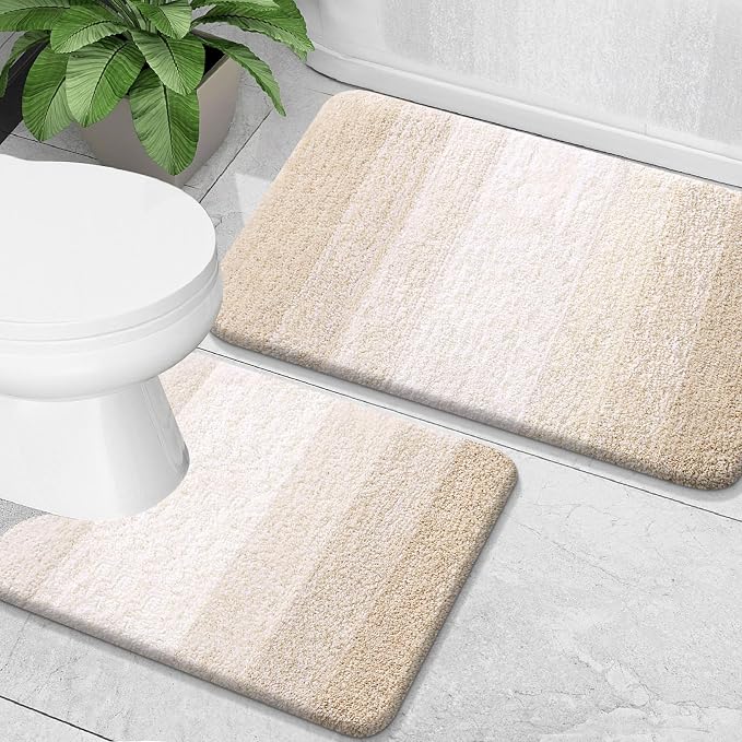 OLANLY Micorfiber Bathroom Rug Set 2 Piece, 24"x16"+U-Shaped 24"x20" | Light Beige, Soft Absorbent Bath Mats and Contour Toilet Rug, Non-Slip, Machine Wash Dry, Plush Shaggy Bath Mats for Bathroom