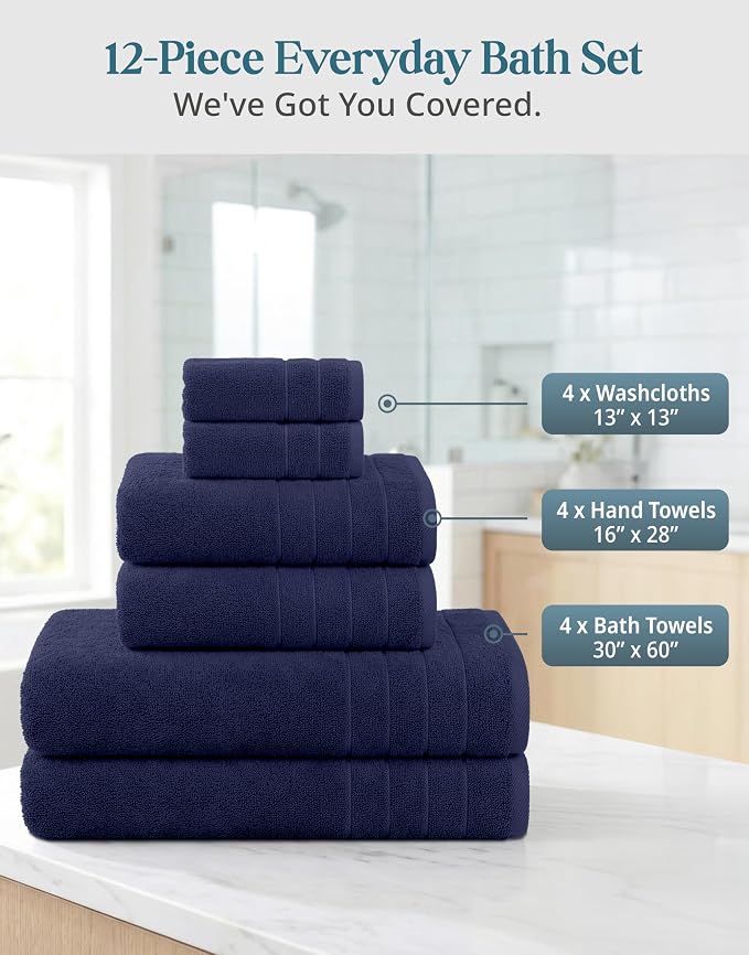 Casa Platino Bathroom Towel Set 12 Piece Soft Absorbent Quick Dry - Navy | Bath Towel Sets For Bathroom - Coordinated Colors, Dobby Border Accent, OEKO-TEX Certified, Ring-Spun Durability