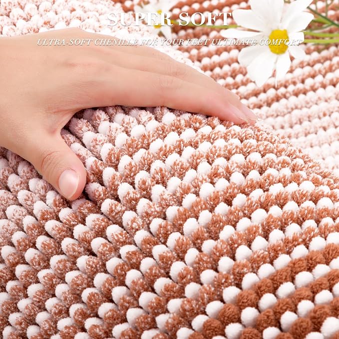 BSICPRO Bathroom Rugs Set 2 Piece, Non Slip Striped Bath Mat, Caramel Brown | 20"x32" Plus 16"x24"，Soft Absorbent Chenille, Quick Dry Machine Washable, Shower Rug for Bathroom Floor, Tub, Bedroom Decor