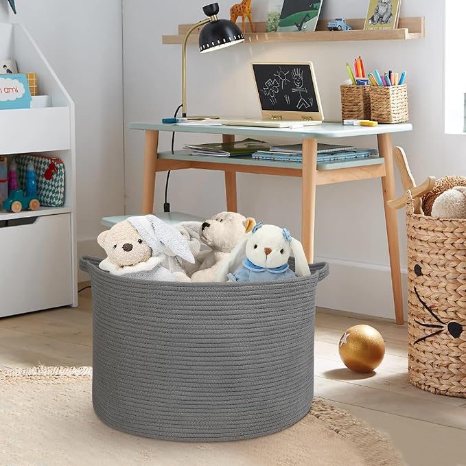 MEGASKET Large Dark Grey Storage Basket, Woven Cotton Rope Baskets for Storage, Big Blanket Organizer Storage Basket for Living Room, Kids Room Toy Storage Organizer Box, Blanket Keeper (22"x14")