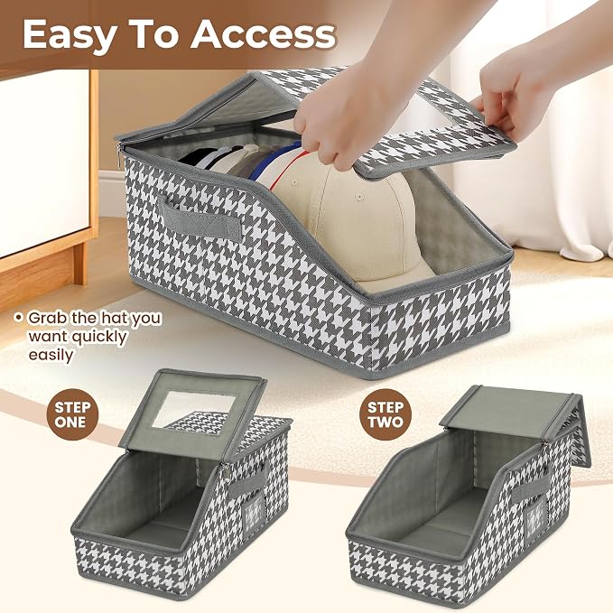 2 PCS Stackable Hat Storage for Baseball Caps, Large Hat Organizer with transparent window, Holds up to 30 Caps Hat Organizer (Gray and white)