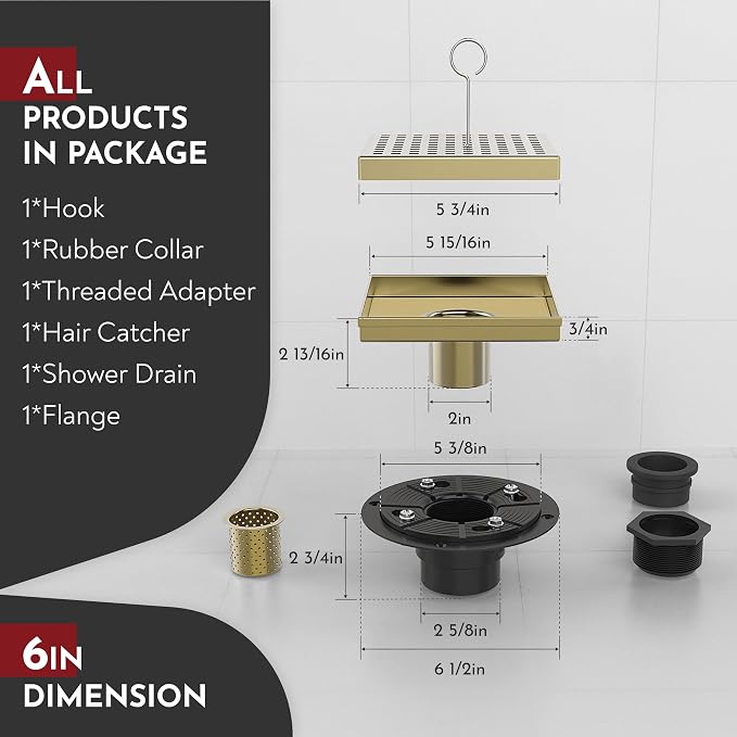 WEBANG 6 Inch Square Shower Drain Gold Floor Drain with Flange Square Holes Pattern Cover Grate Removable SUS304 Stainless Steel Watermark&CUPC Certified Brushed Gold