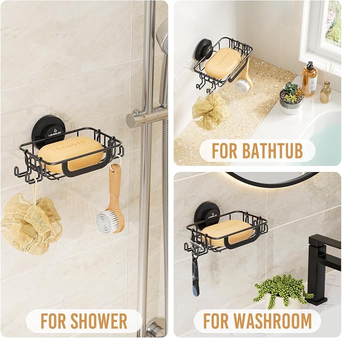 Soap Holder, Soap Dish for Shower, Suction Cup Bar Soap Holder | Soap Bar Holder for Shower, Wall Mounted Self Draining, NO Drill Sponge Holder for Bathroom, Bathtub Kitchen Sink, Blcak
