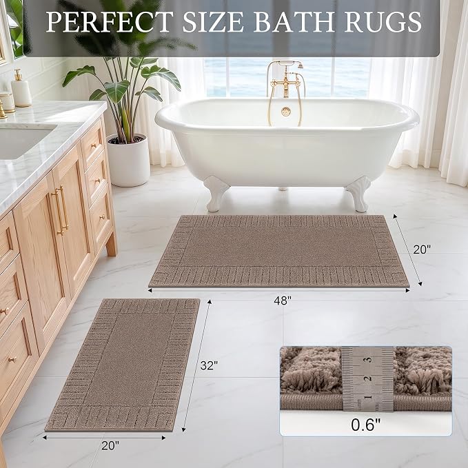Pauwer Bathroom Rugs Sets 2 Piece, Non Slip Plush Bath Mats, Coffee | Machine Washable, Microfiber Shower Rugs, Absorbent Quick Dry, Floor Mat for Bath Floor Tub and Shower