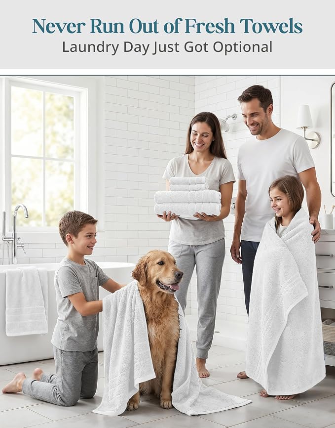 Casa Platino Bath Towel Set 100% Cotton 24 Piece Soft Absorbent - White | Shower Towels - Generously Sized, Oversized & Roomy, Lightweight & Breathable, Fade-Resistant Color, Classic Terry Weave