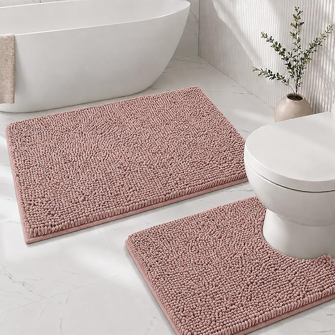 Bathroom Rugs Sets 2 Piece,Super Absorbent Soft,Thick,Machine Washable Chenille Bath Mat,Non Slip Toilet Floor Rug,Bath Mats for Bathroom,20x32 Plus 20x20 U Shape,Dusty Rose