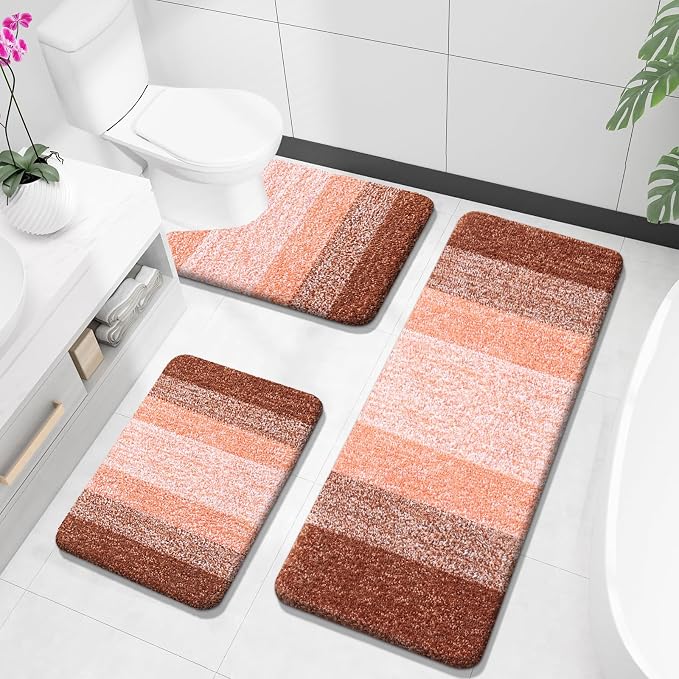 OLANLY Microfiber Bathroom Rugs Sets 3 Piece, 47"x20"+24"x16"+24"x20" | Orange, Soft Absorbent Bath Mats and U-Shaped Contour Toilet Rug, Plush Shaggy Bath Mat Set for Bathroom