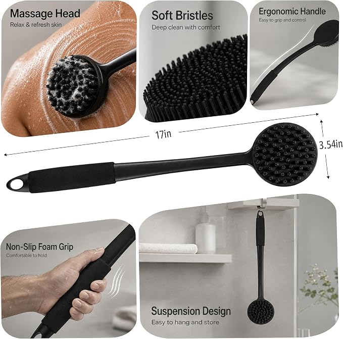 Silicone Back Scrubber for Shower, 17" Lengthen Long Handle Body Brush, Double Sided Shower Brush for Shower Exfoliating and Massage, Can Produce Rich Foam, Non Slip Grip Back Scrubber for Men