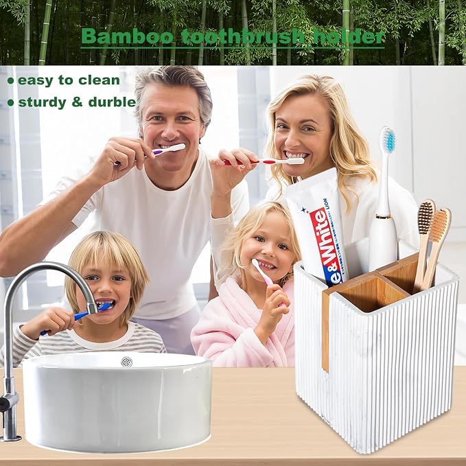 rejomiik Toothbrush Holders for Bathrooms Countertop, 3 Slots Electric Tooth Brushing and Toothpaste Storage Organizer Stand for Toiletries and Beauty Accessories, Marble White